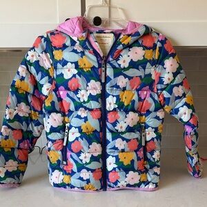 Hanna Andersson Girls Floral Puffer Jacket in Navy with Pink Hood